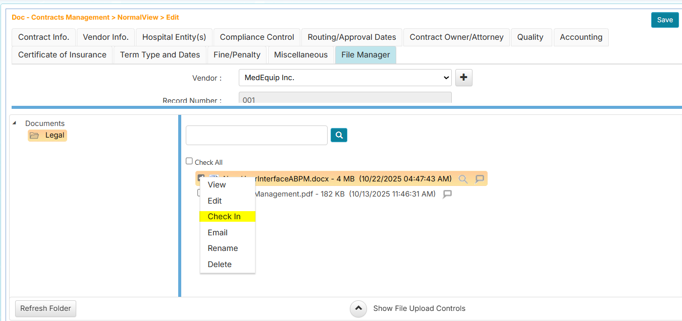 Check In context menu