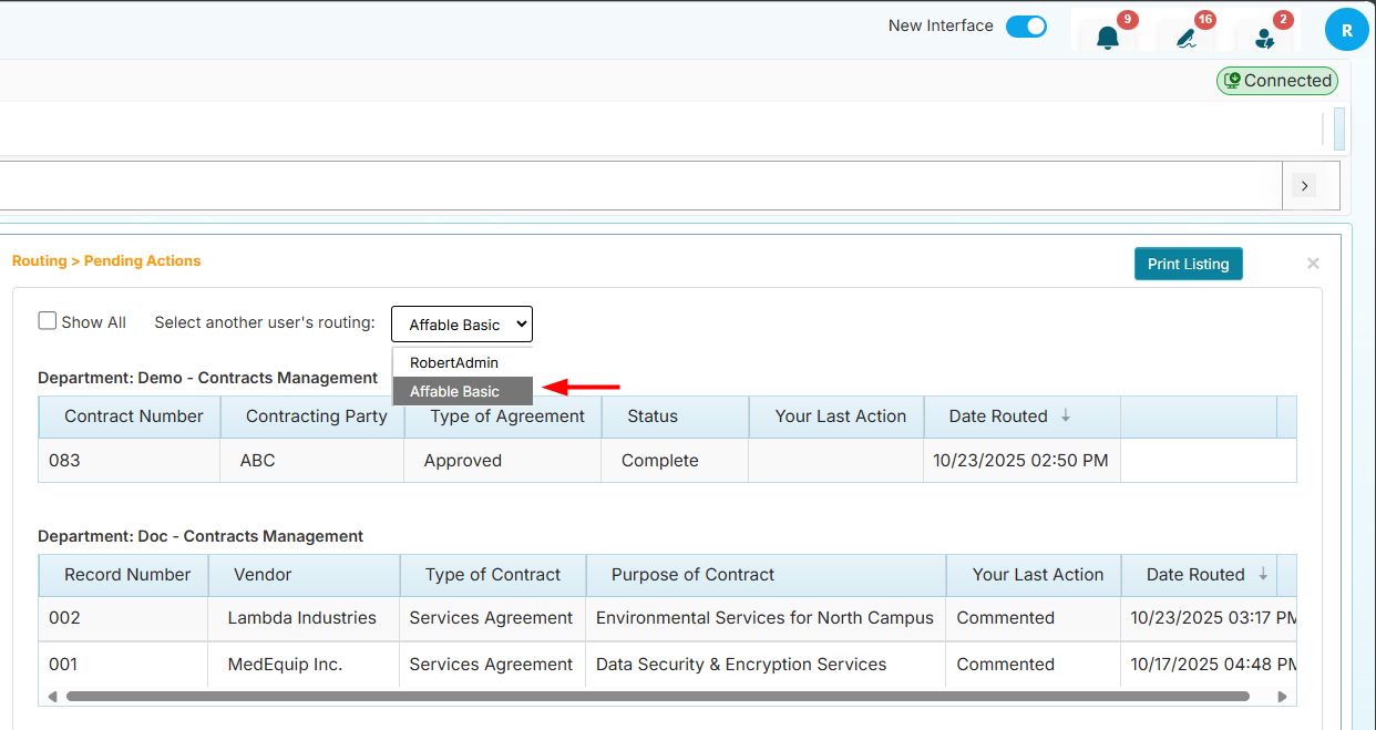 Delegated user selecting the other user