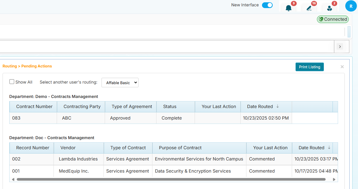 Delegated user viewing other user's list of routes