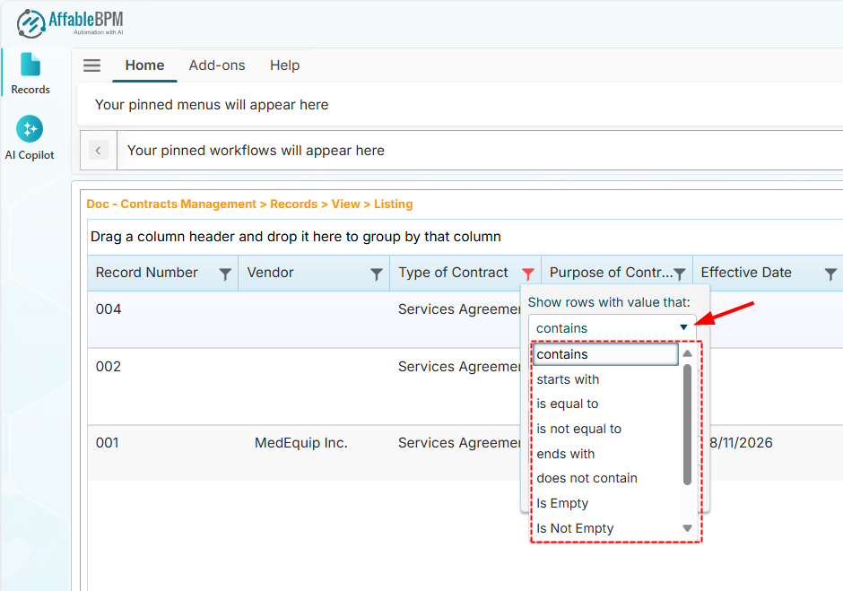 Grid column other filter options