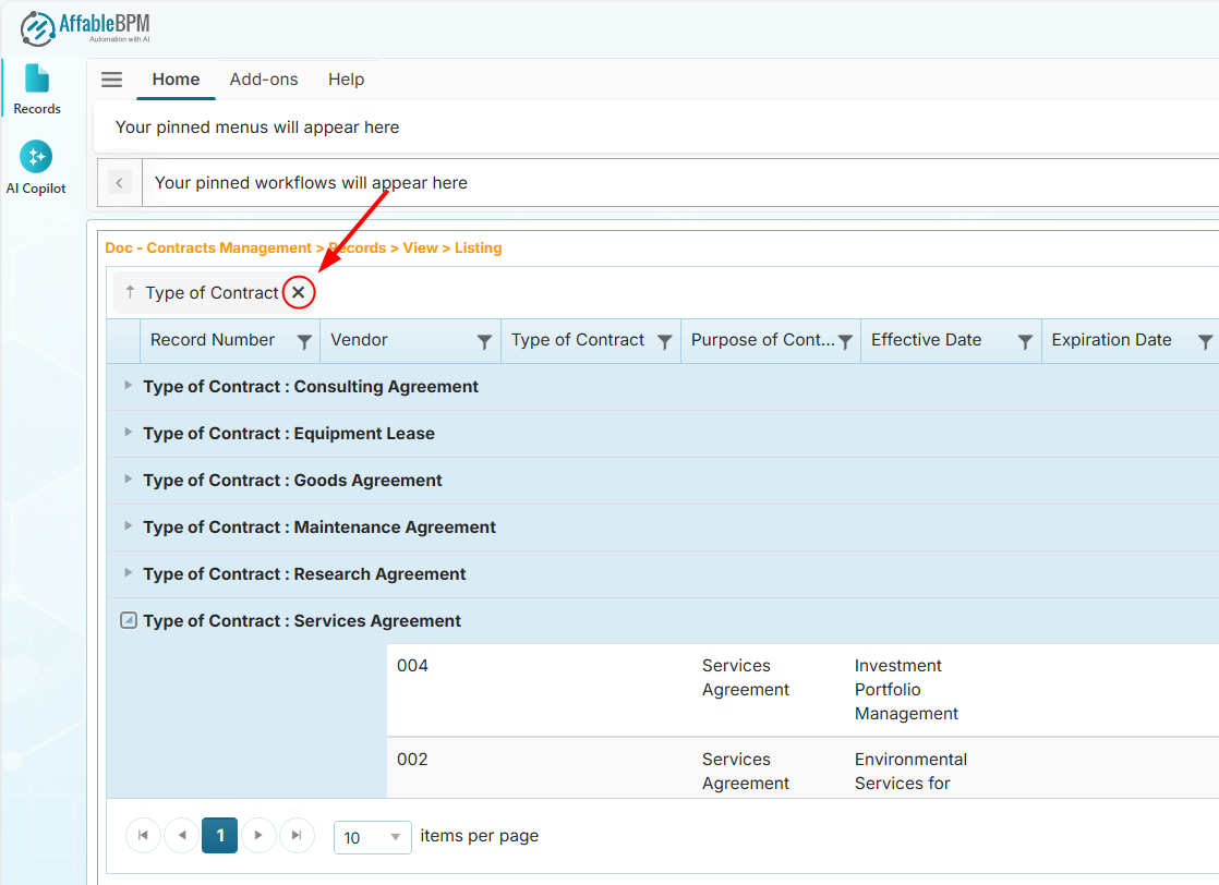 Remove button for the grouped column