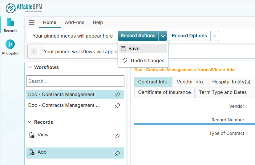 Saving a new record using the Record Actions's Save menu