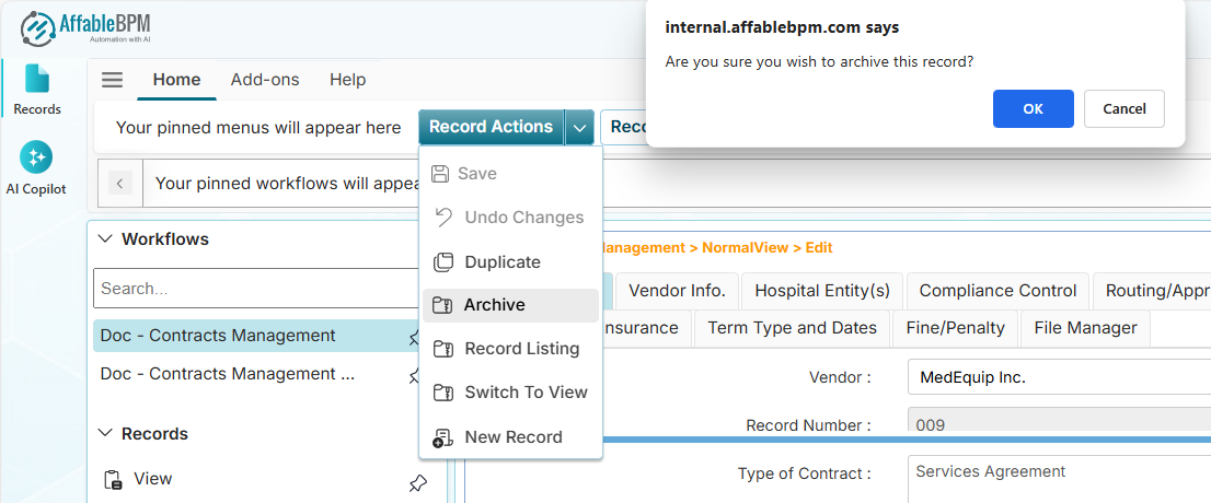 Archive menu confirmation