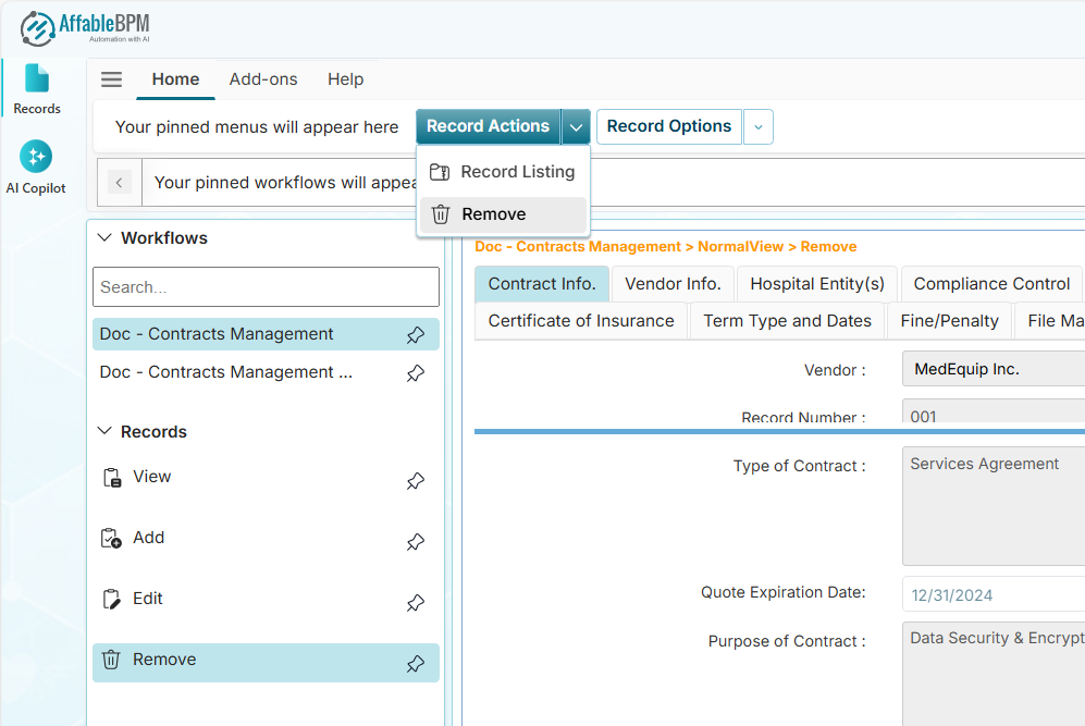 The Remove menu from the Record Actions dropdown menu
