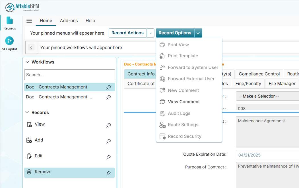 Record Options dropdown menu in Remove mode