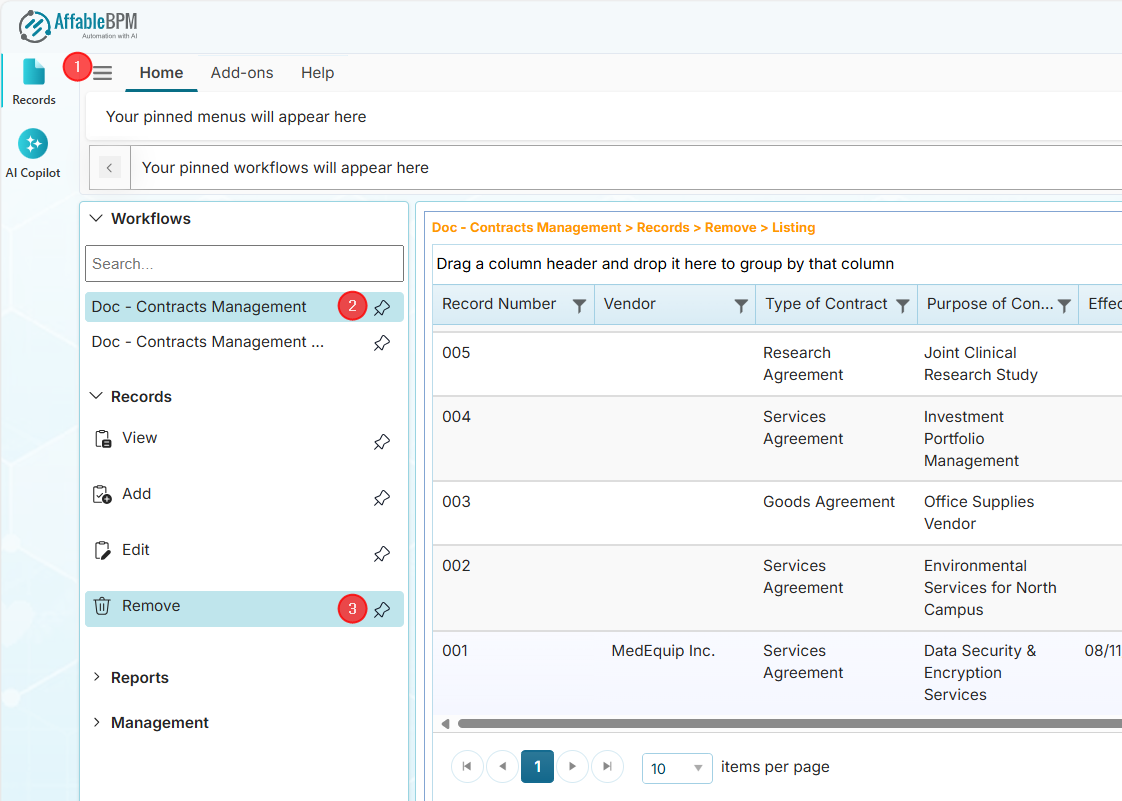 How to remove a record