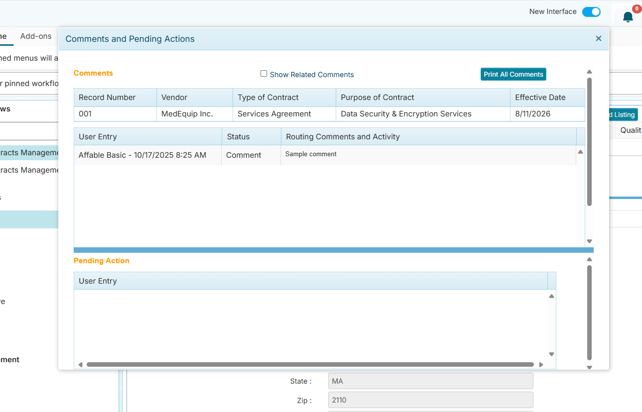 Record Options - View Comment window