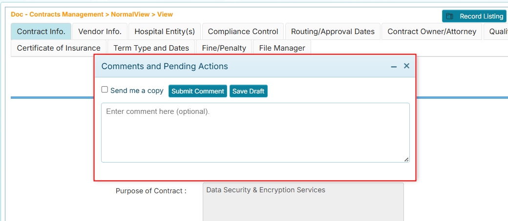 Record Options - New Comment window
