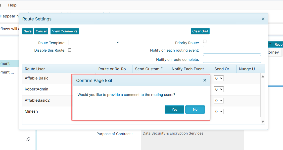 Route Settings confirm message window