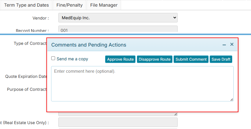 Record Options - New Comment window with Approve and Disapprove buttons