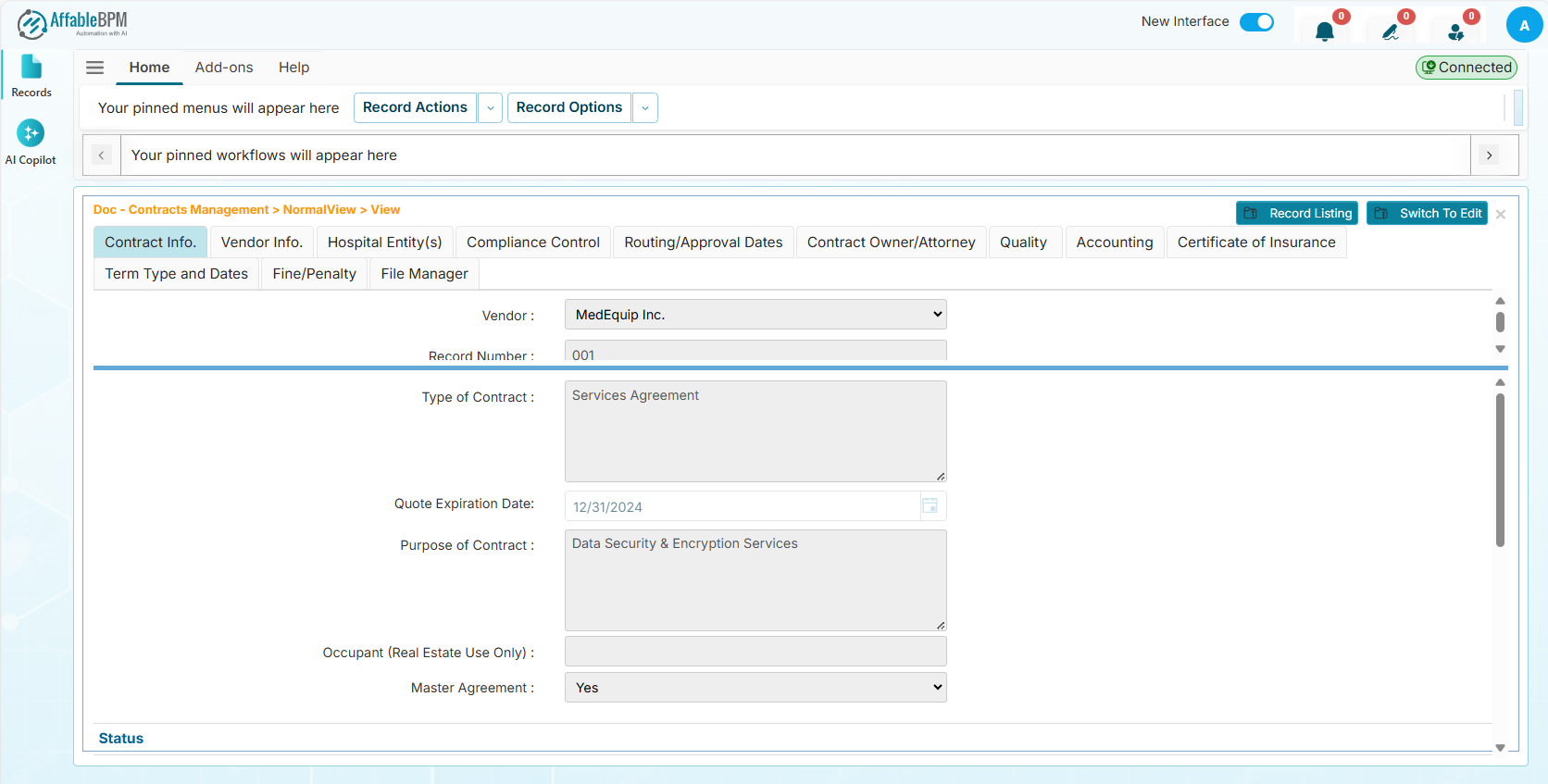 The record shown in View mode
