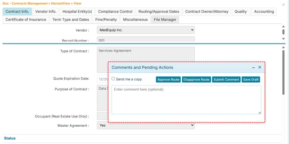 Comments and Pending Actions window