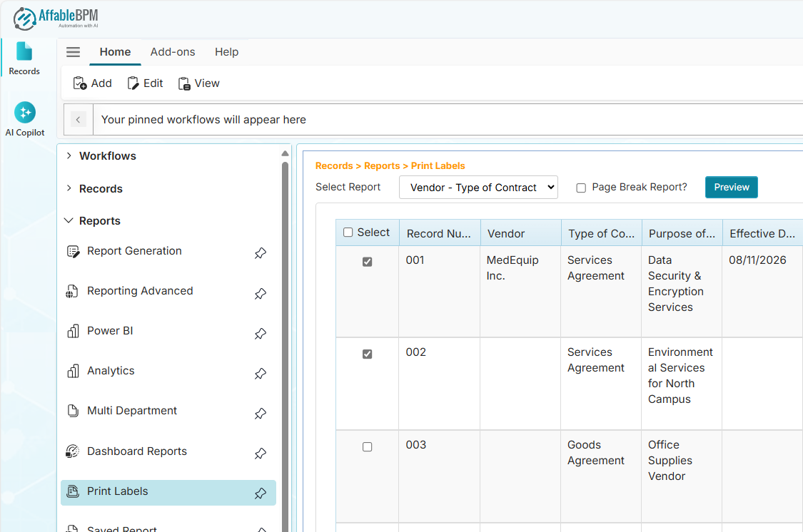 Print Labels page - row checkboxes