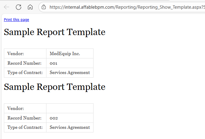 Print Labels page - sample output