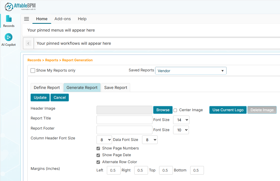 Update Report Settings screen