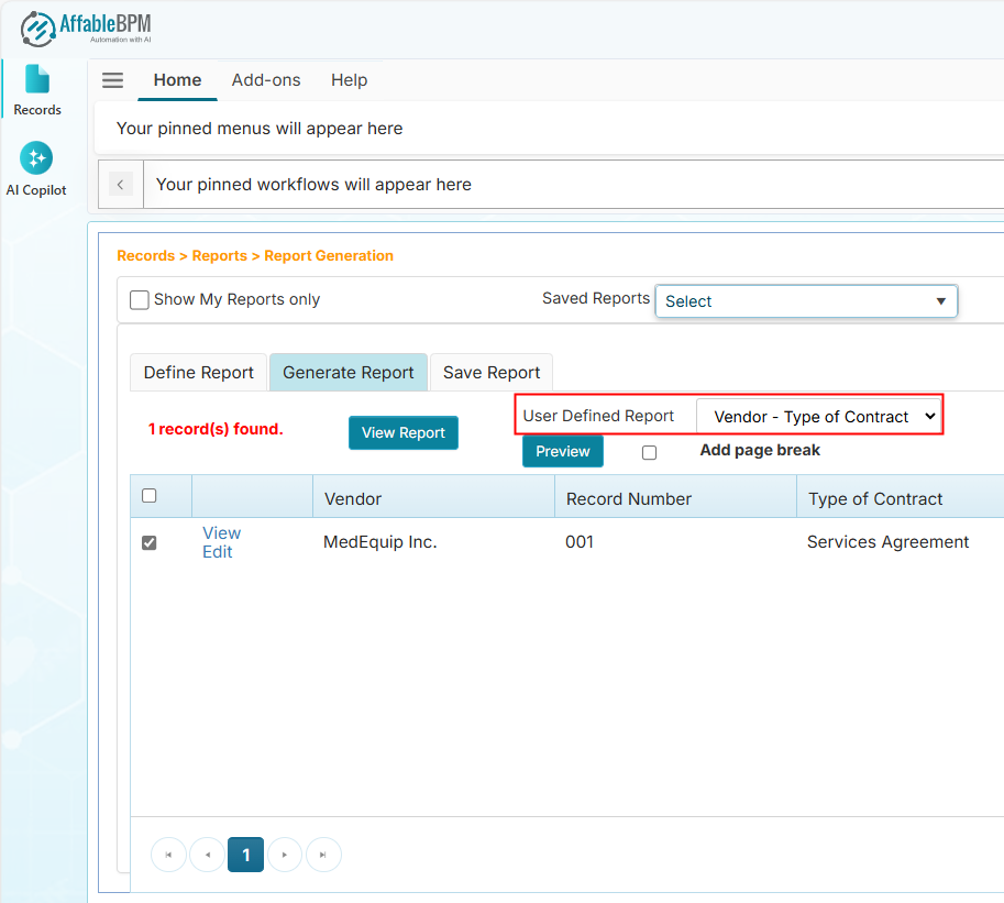 User Defined Report dropdown