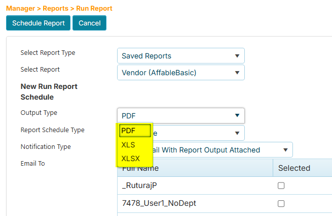 Run Report Output Types
