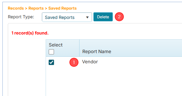 Saved Reports page - Deleting a report