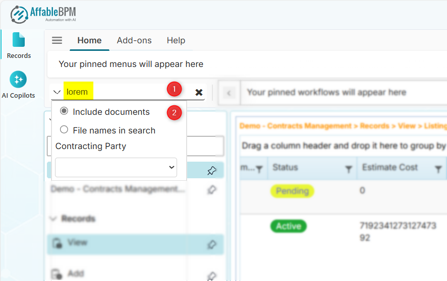 Search by including documents result 