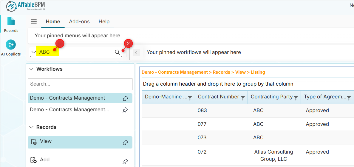Search term and search button