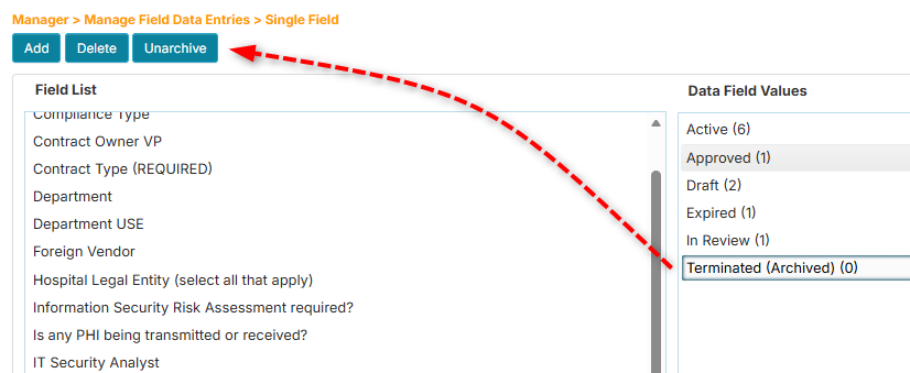 Single Field - Unarchive button