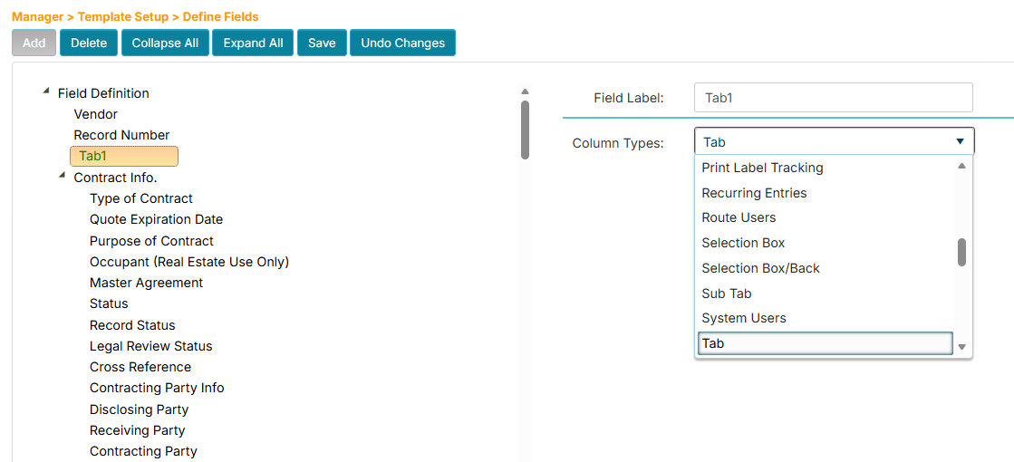 New tab field with the Tab type assignment