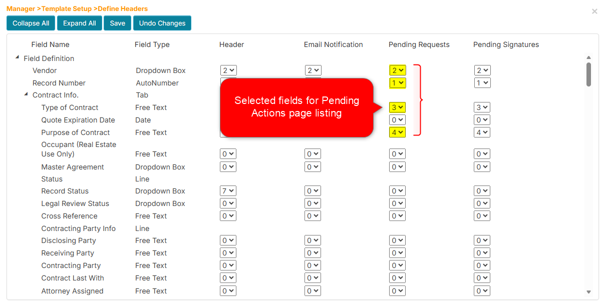 Selected fields for display in the Pending Actions page
