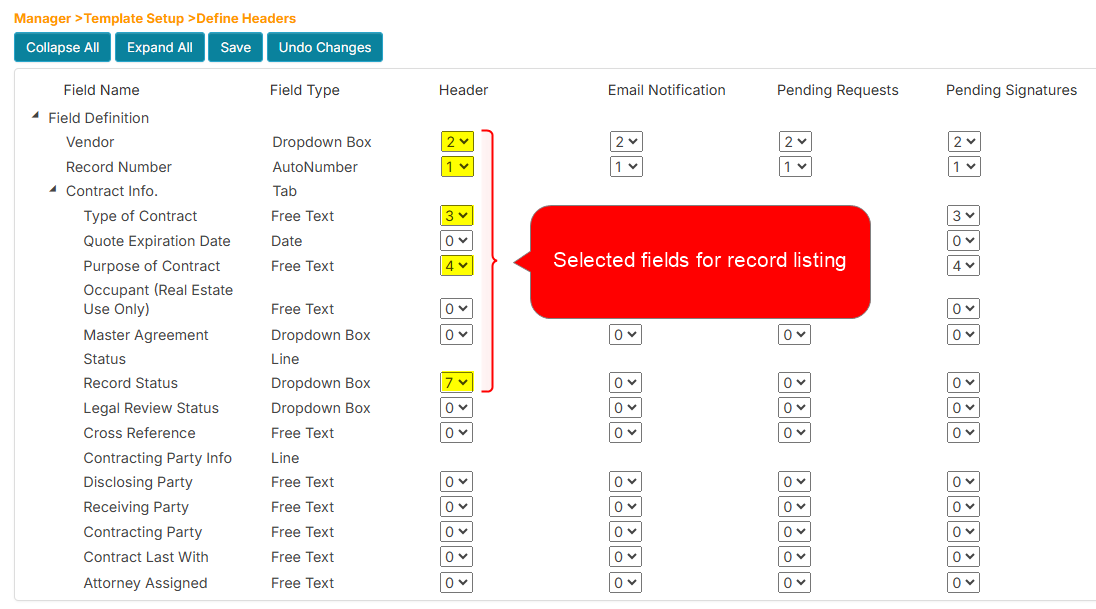 The Define Headers page with selected fields for record listing
