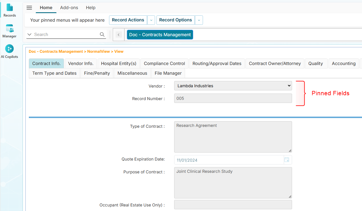 Pinned fields example