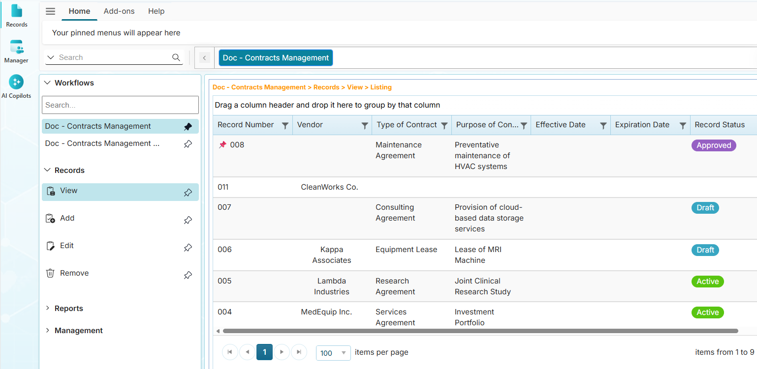 The record listing showing configured fields from Define Headers page